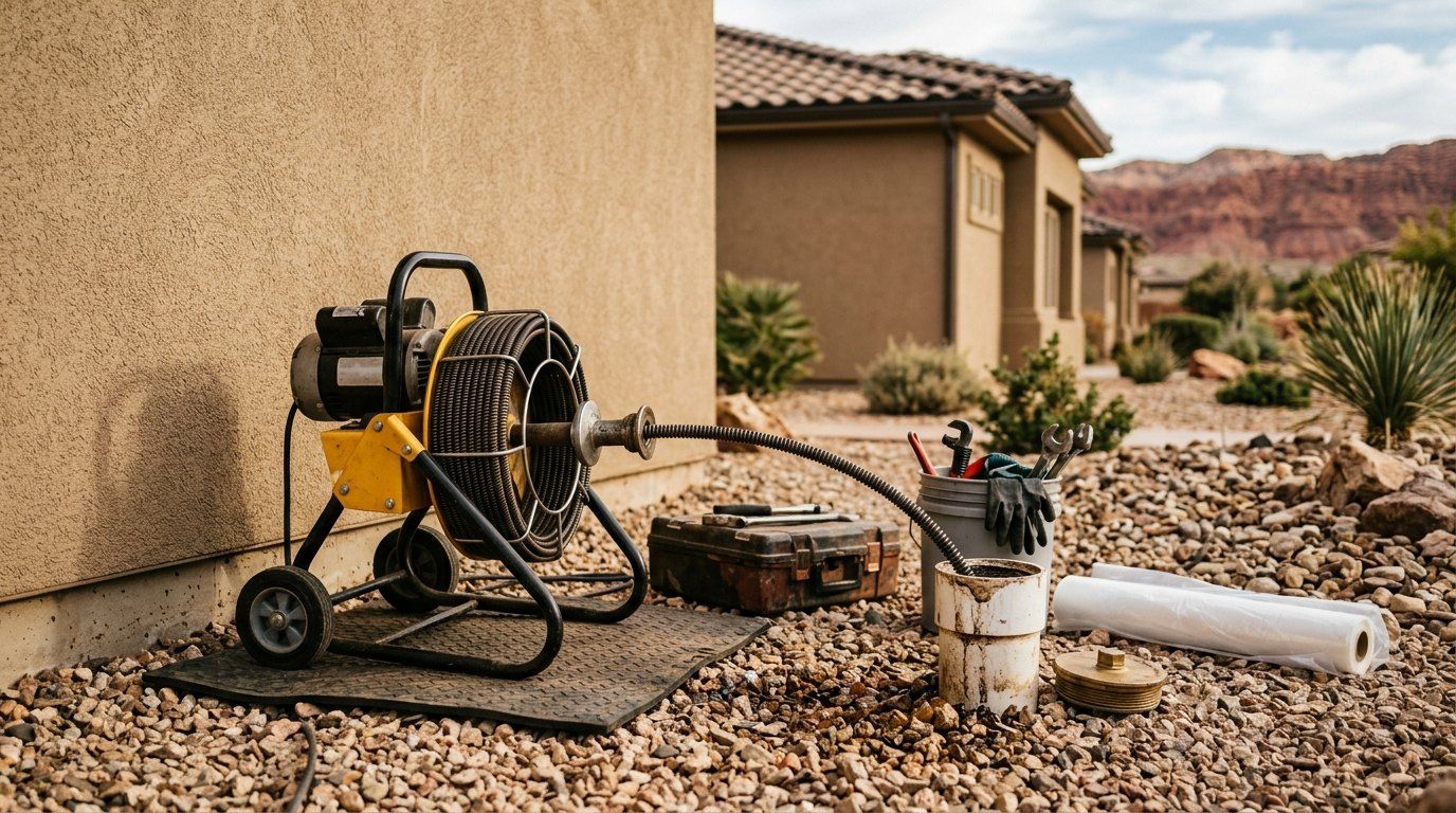 Drain cleaning machine at a sewer cleanout outside a St. George home