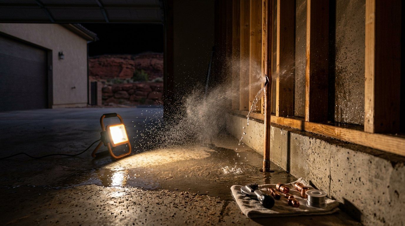 Burst pipe spraying water in a garage at night