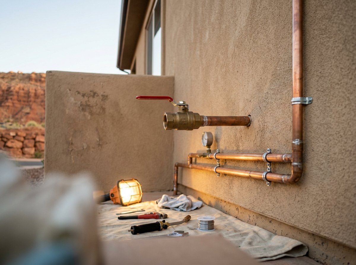 Main water shutoff valve on the outside of a stucco home