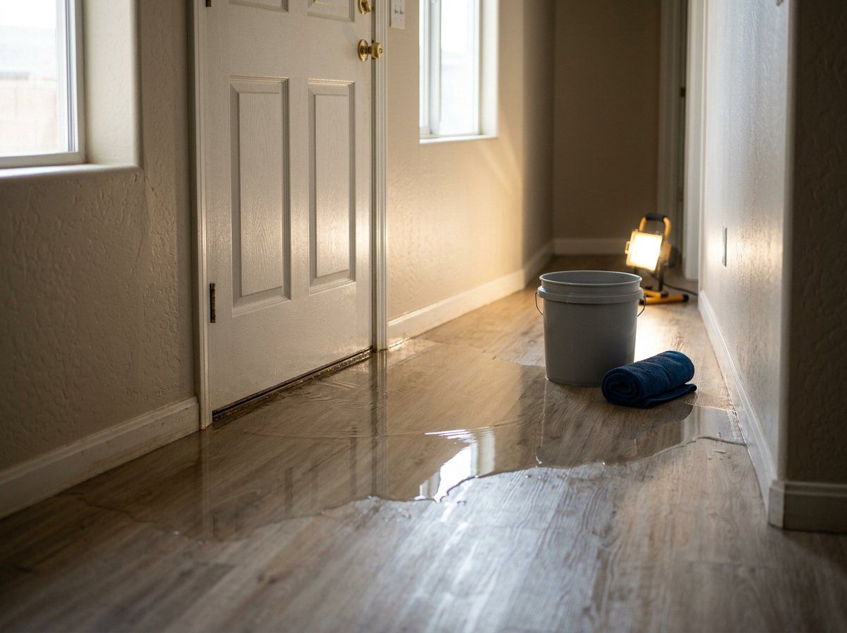 Water spreading across a laminate floor from a plumbing leak