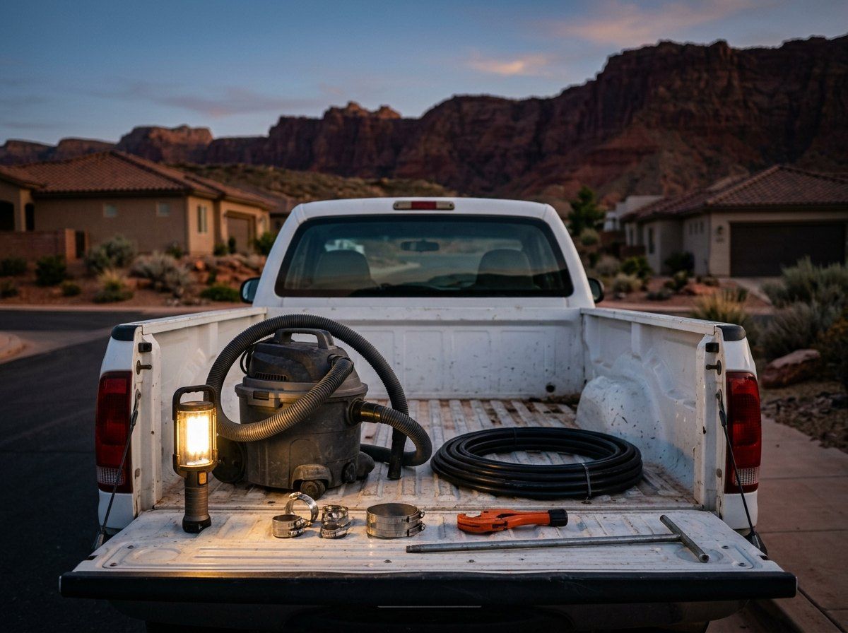 Emergency plumbing tools ready on a service truck tailgate