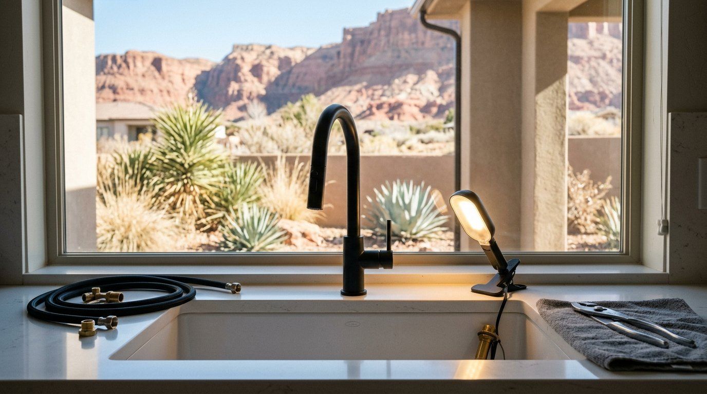 Modern kitchen faucet over a quartz sink in a Southern Utah home