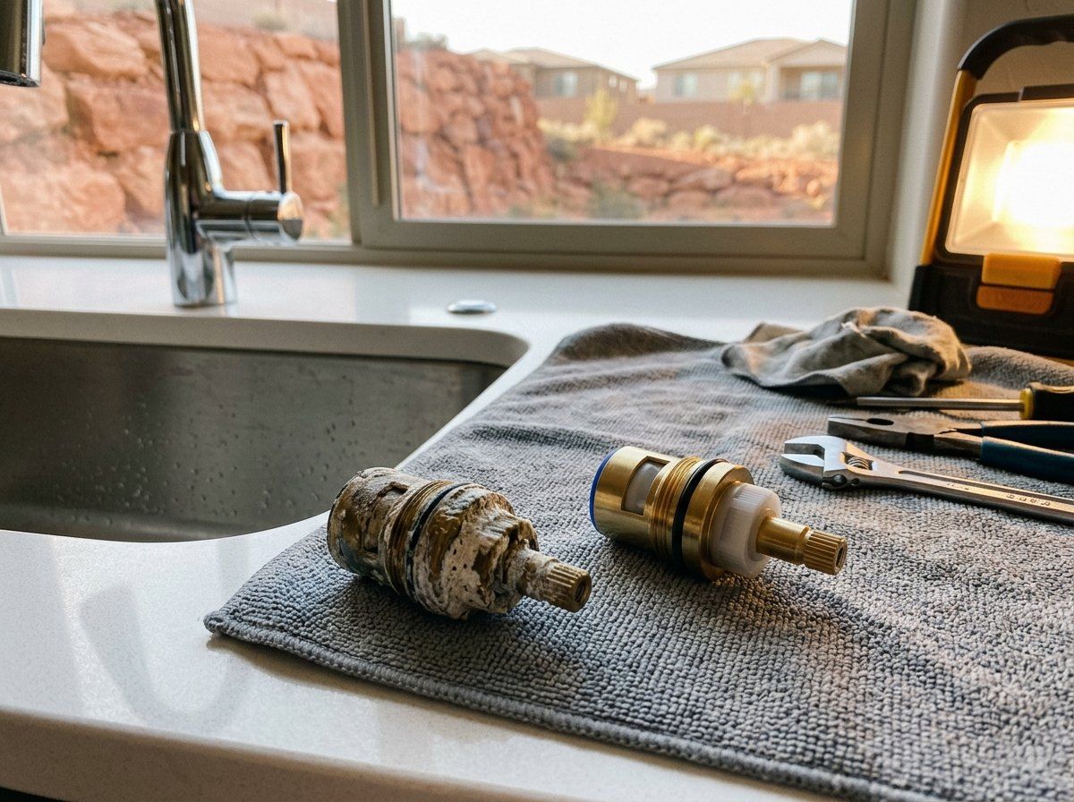 Old faucet cartridge with hard water scale next to a new cartridge