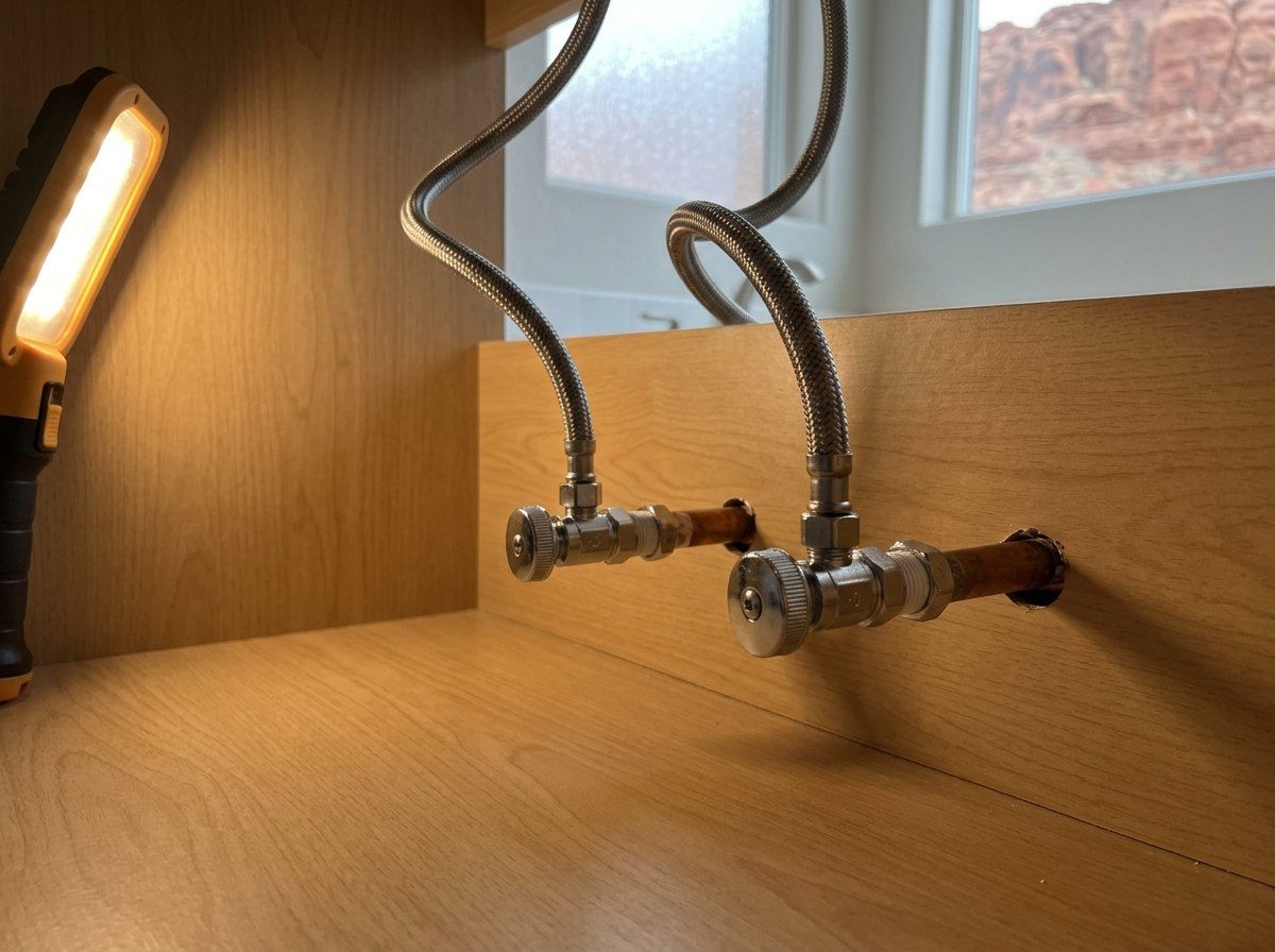 New braided faucet supply lines installed under a bathroom sink