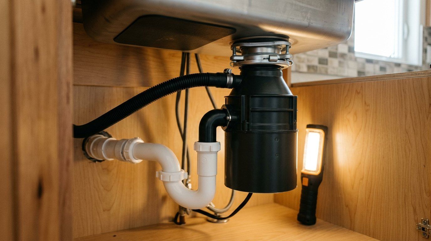 New garbage disposal installed under a kitchen sink