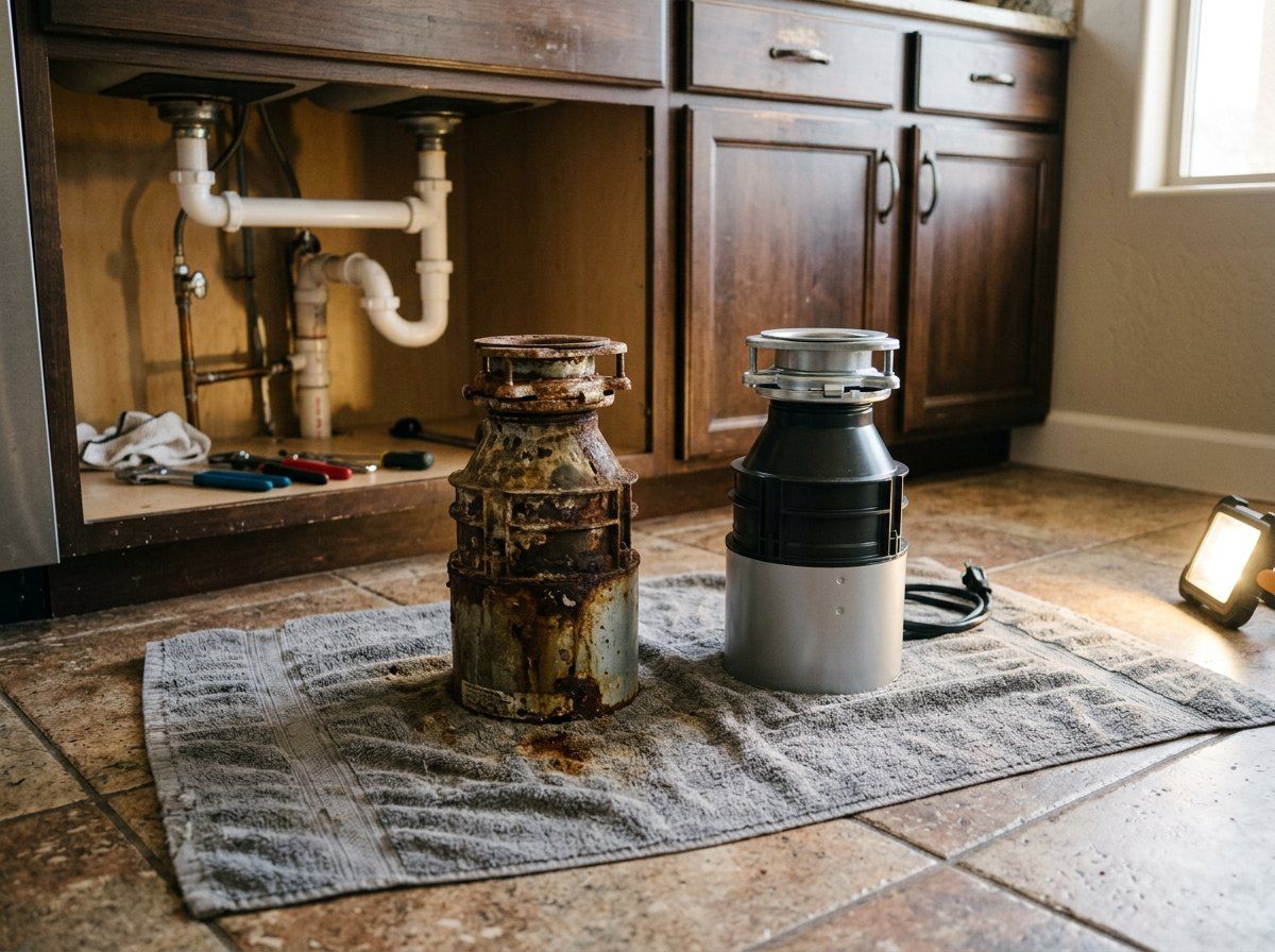 Old leaking garbage disposal removed beside a new replacement unit