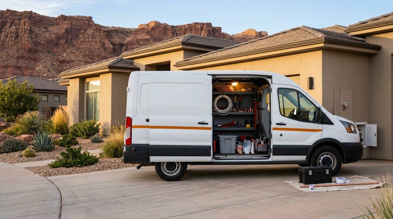 Plumbing service van parked at a stucco home in St. George, Utah with red rock cliffs behind