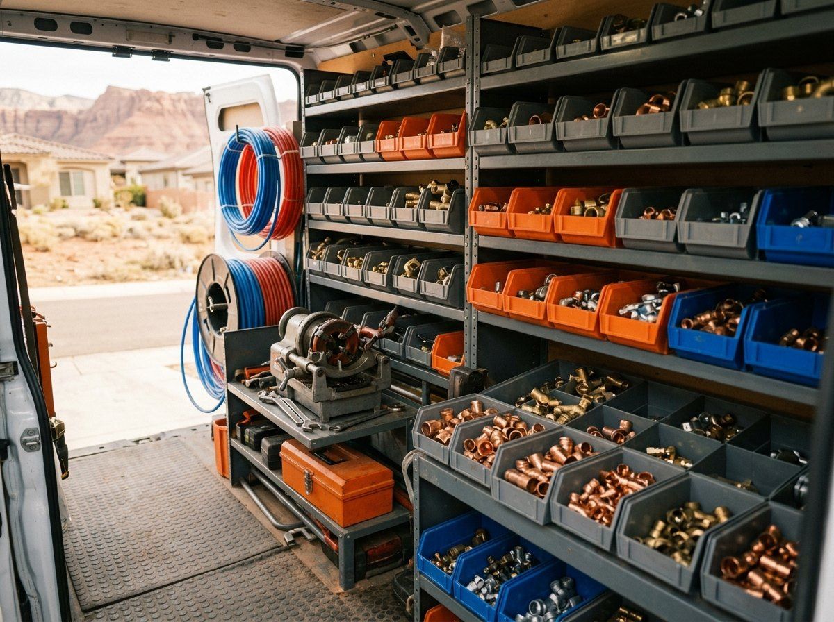 Organized plumbing van shelving stocked with fittings, valves and tools