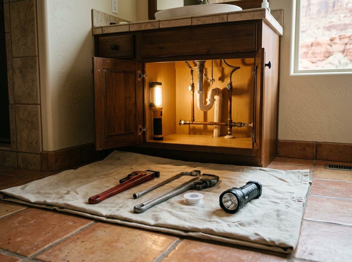 Plumbing tools laid out on a drop cloth beside a bathroom vanity
