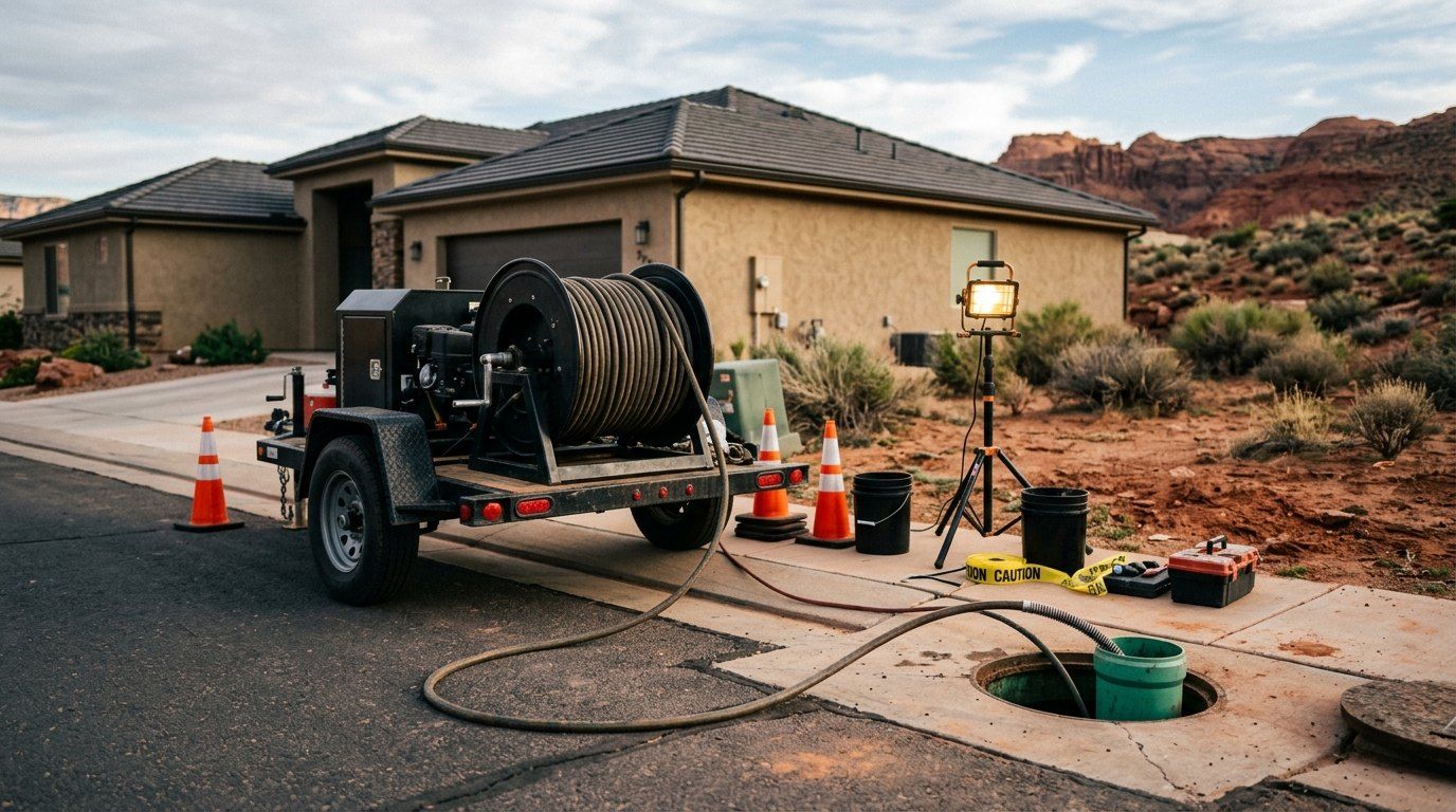 Hydro jetting machine clearing a sewer line at a cleanout