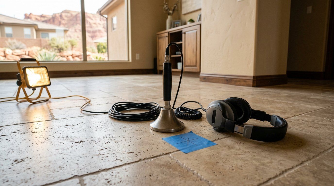 Acoustic leak detection equipment on a tile floor in a St. George home