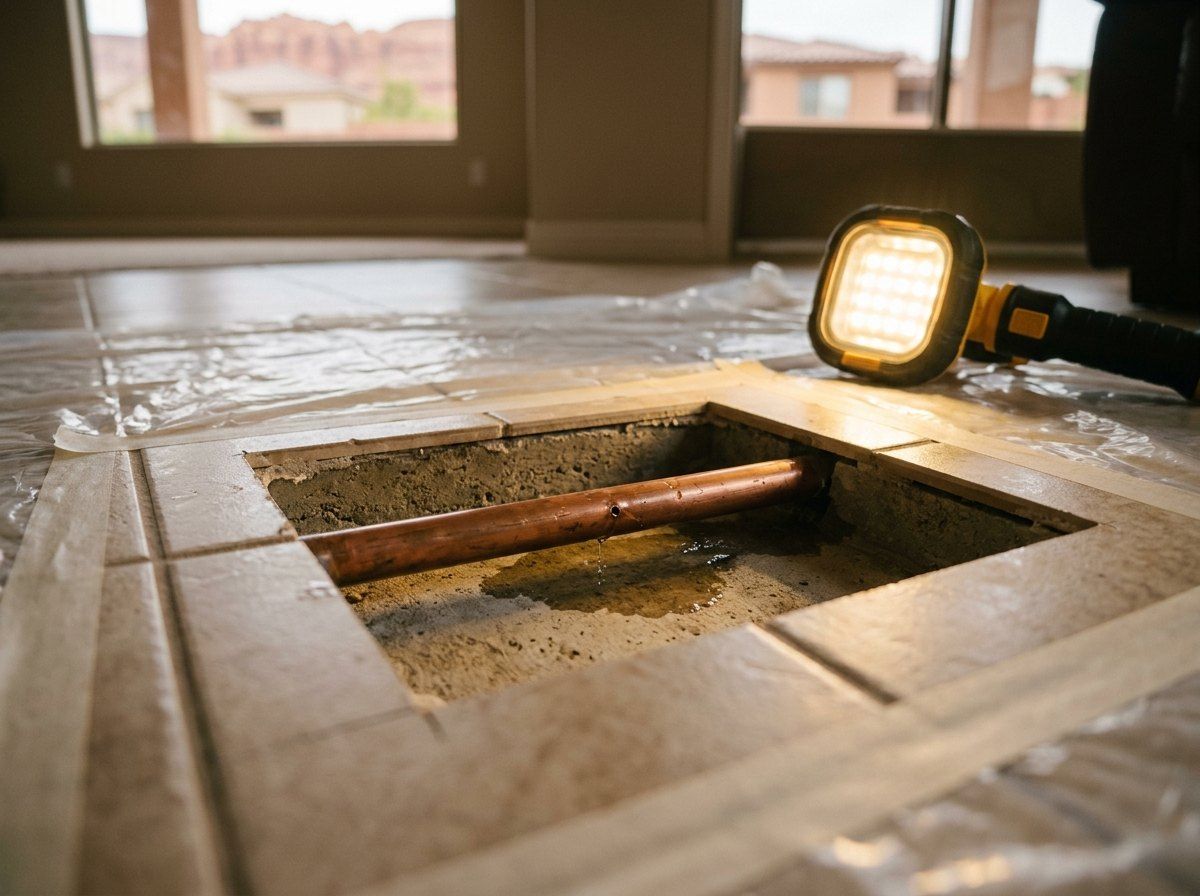 Slab leak exposed under a tile floor with a copper pipe