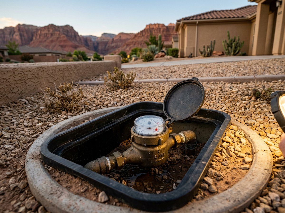 Water meter in an in-ground box showing a running leak indicator