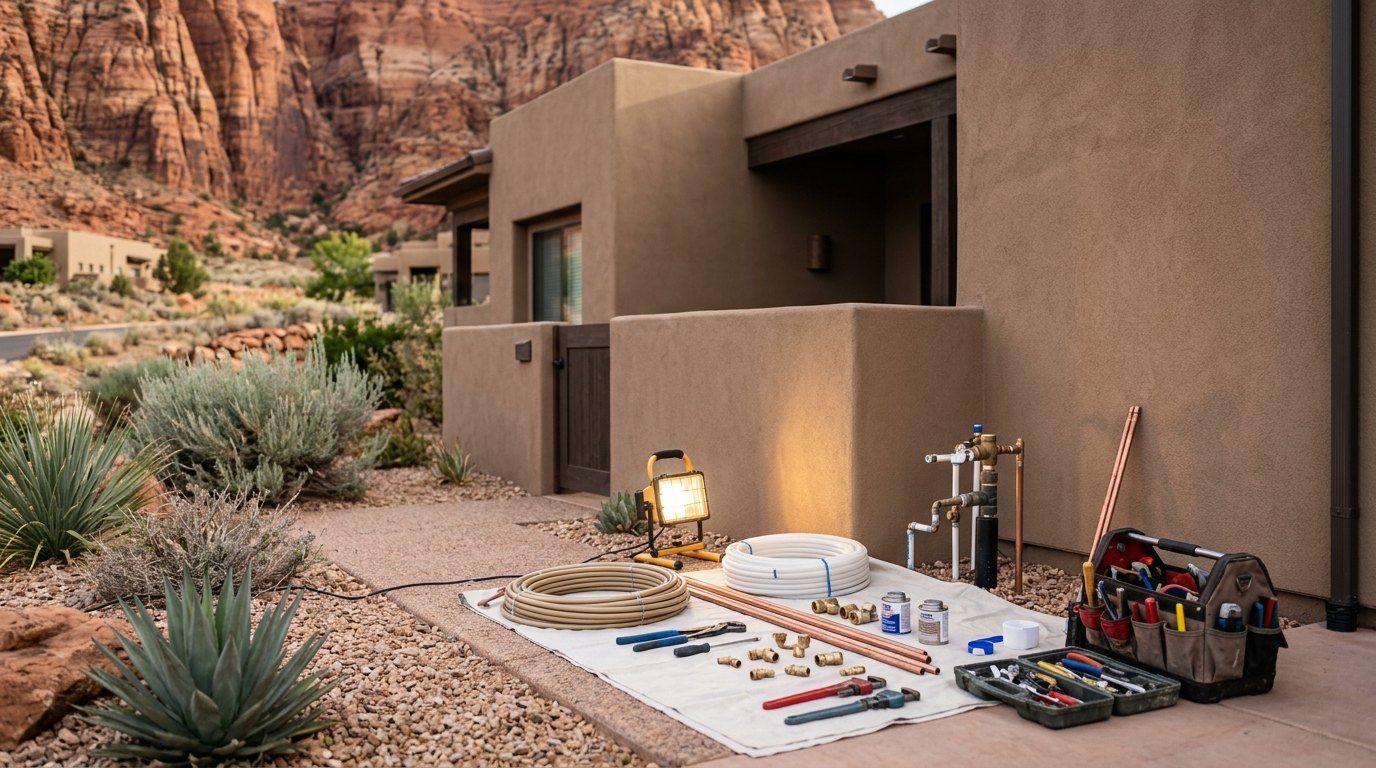 Stucco home in Ivins, Utah with red rock cliffs and Snow Canyon views
