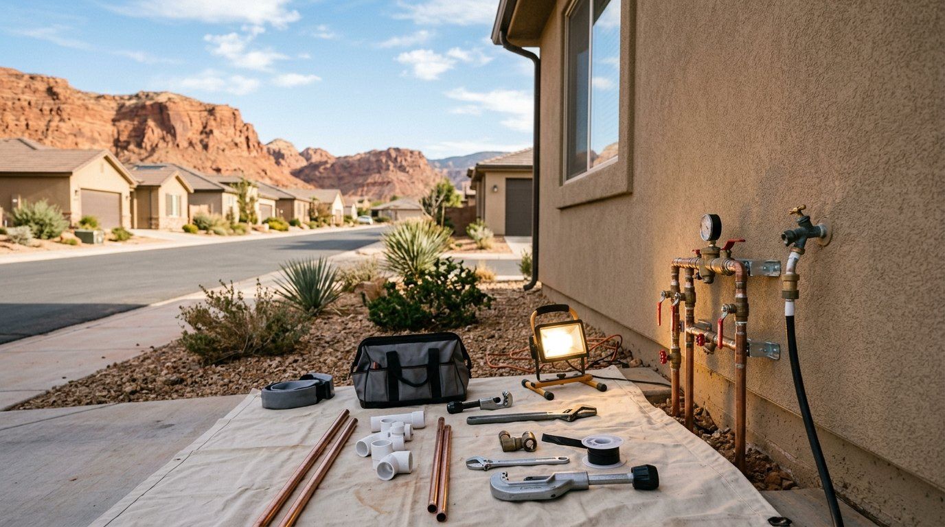 Neighborhood of stucco homes in St. George, Utah with red cliffs