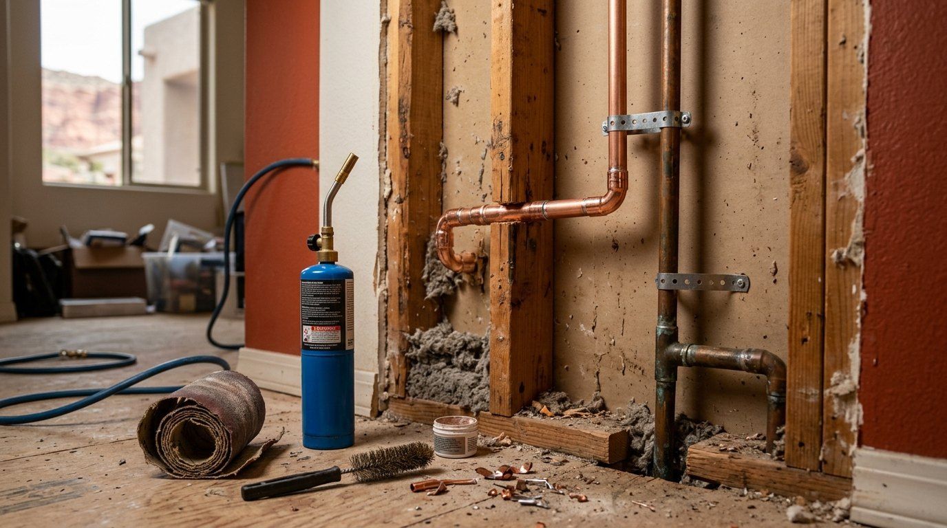 Repaired copper water pipe in an open wall with new fittings