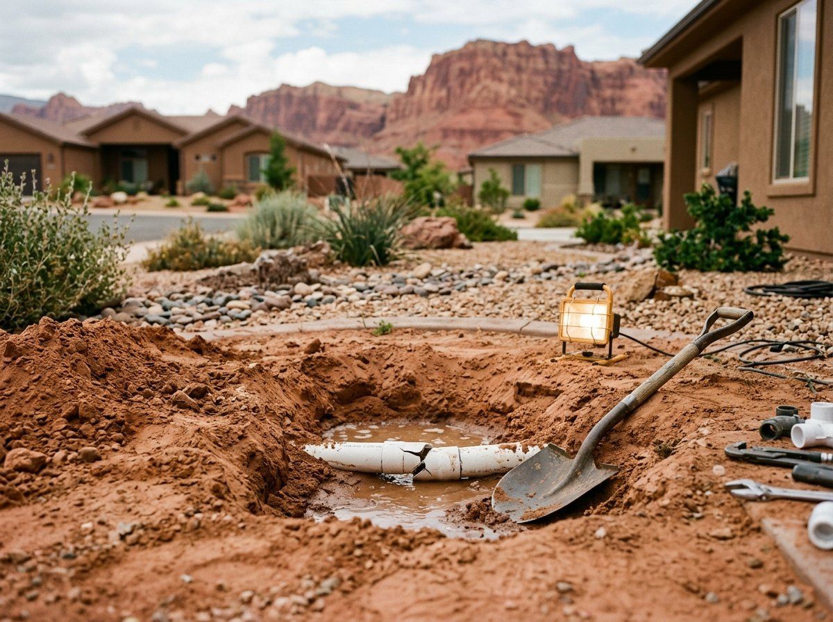Broken irrigation supply line dug up in a desert yard