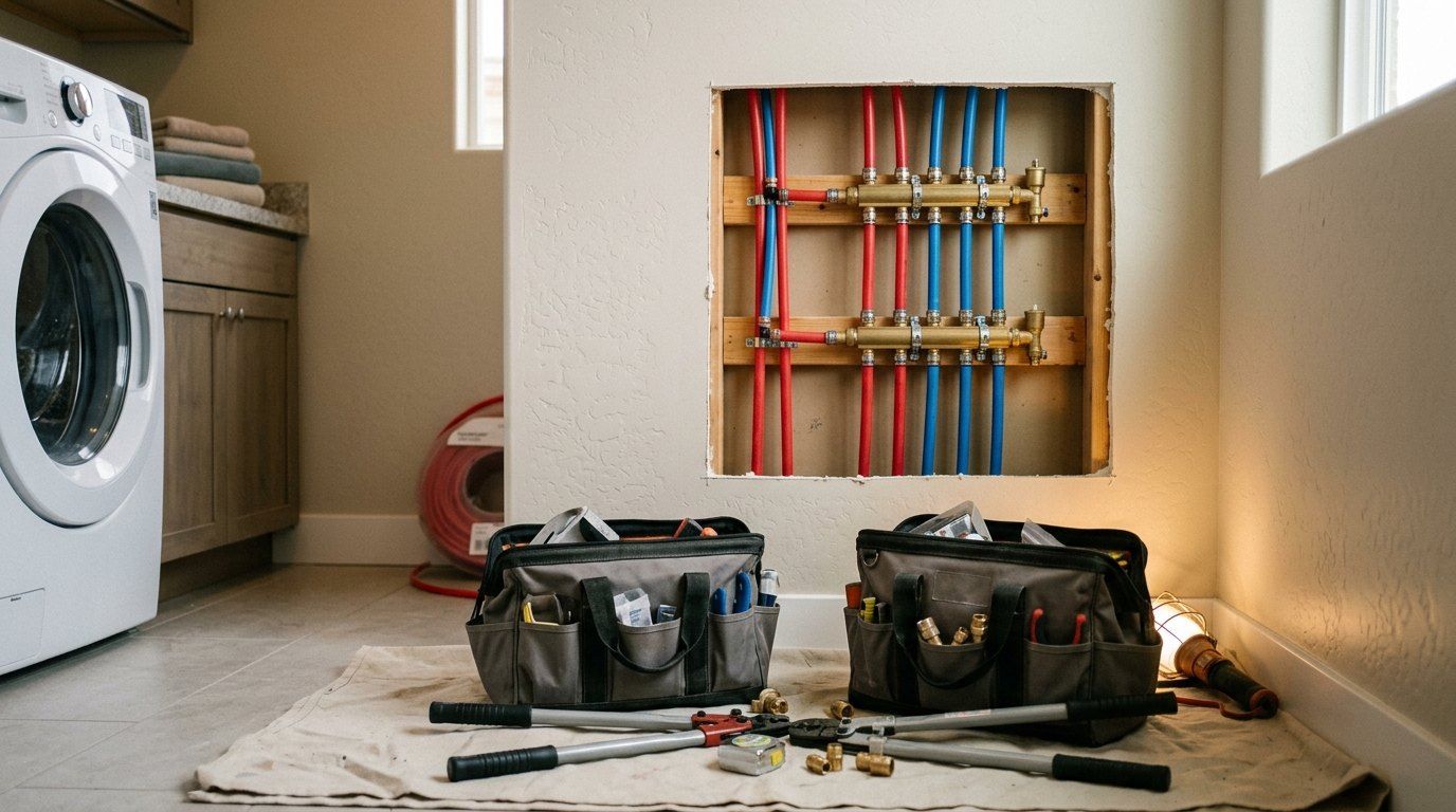 Plumber's tools and new PEX manifold in an open wall of a St. George home