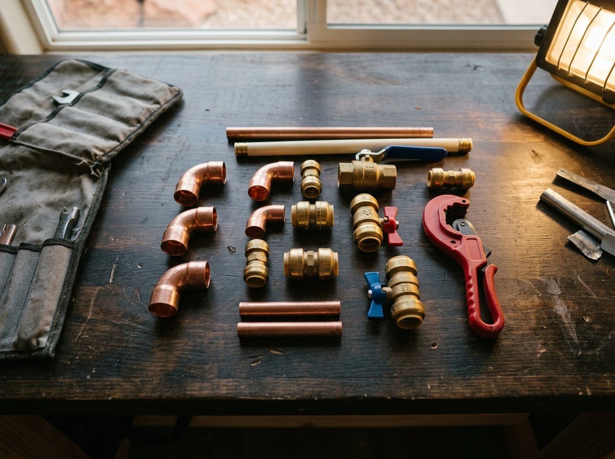 Copper and PEX plumbing fittings laid out for a repair