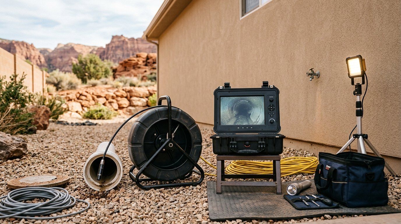 Sewer camera inspection reel and monitor at a home's cleanout