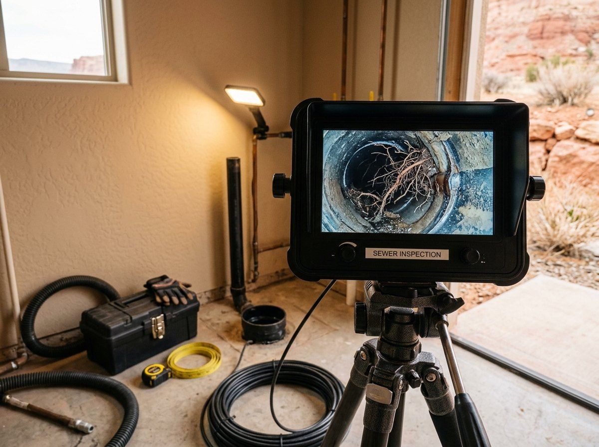 Sewer camera monitor showing tree roots inside a pipe