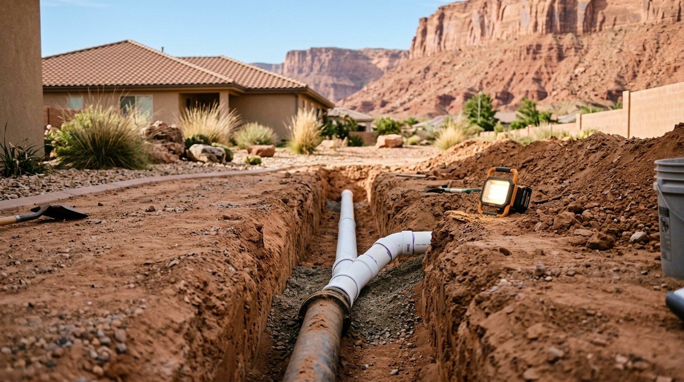 Excavated sewer line repair trench in a Southern Utah yard