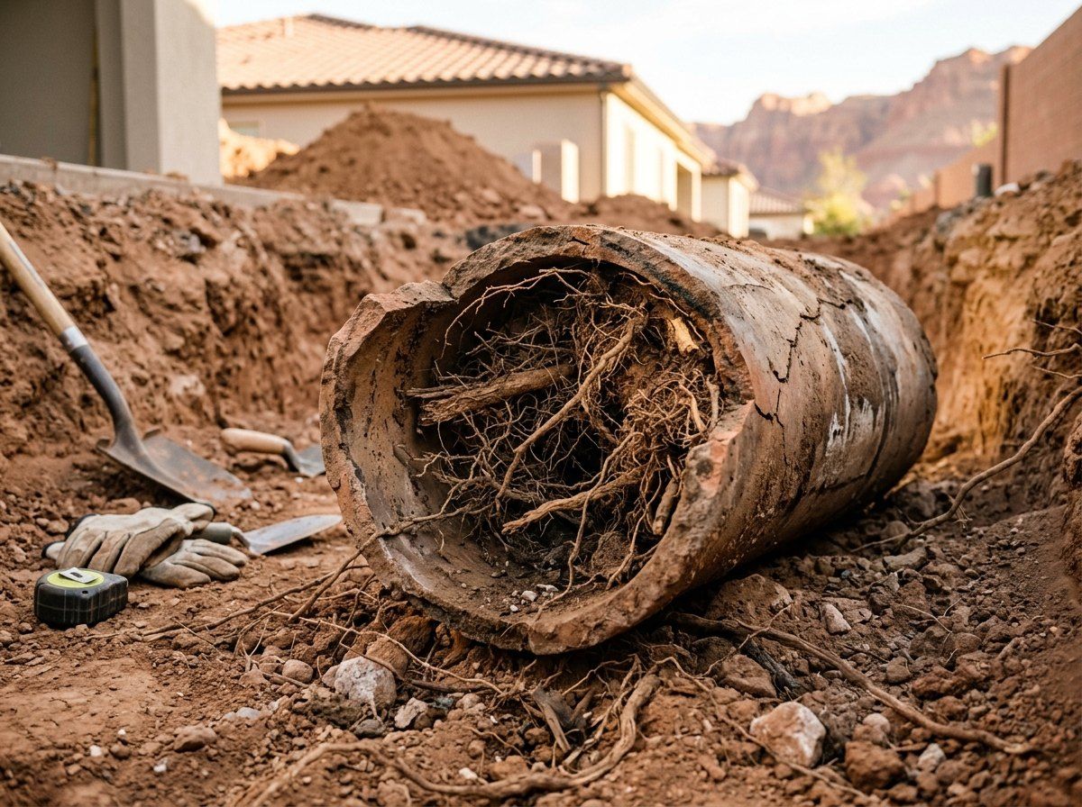 Tree roots grown into a cracked clay sewer pipe
