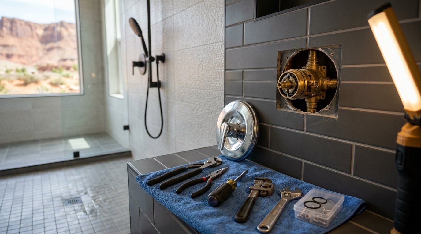 Shower valve repair with trim removed in a tiled shower