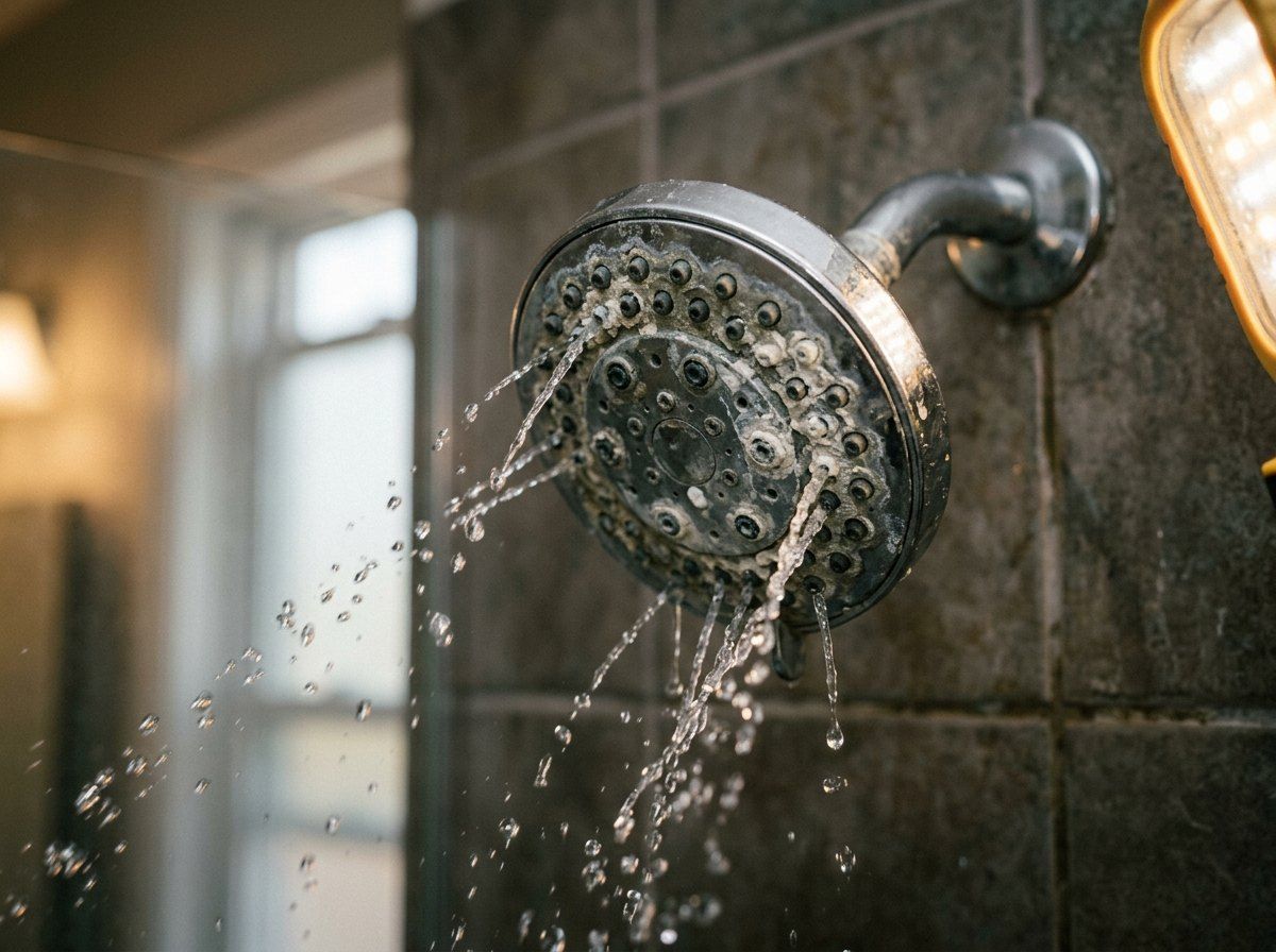 Shower head clogged with hard water mineral scale