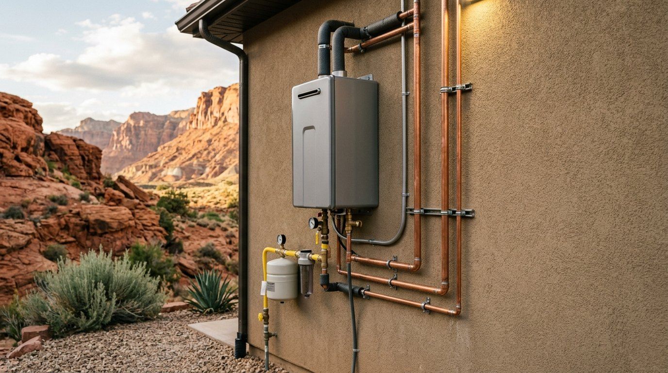Tankless water heater installed on a stucco exterior wall in Southern Utah
