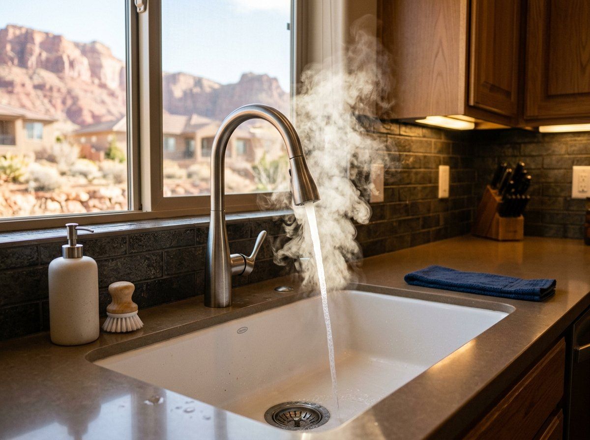Steaming hot water running from a kitchen faucet