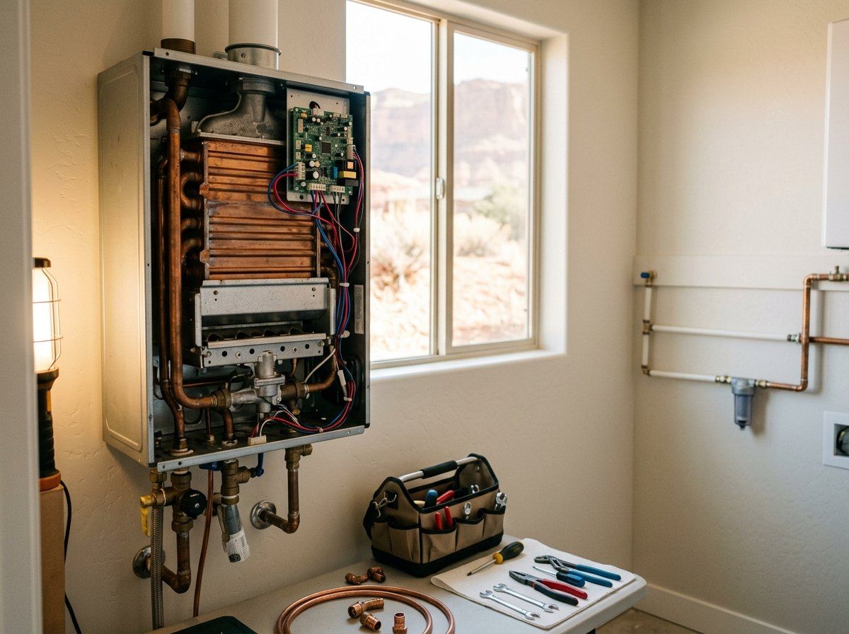 Inside of a tankless water heater showing the heat exchanger