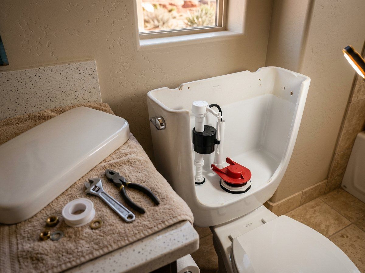 Open toilet tank showing a new fill valve and flapper
