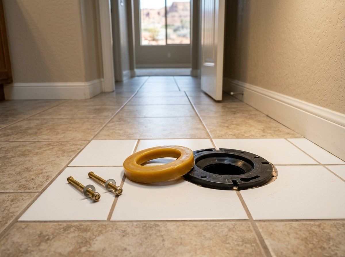 Toilet flange and new wax ring ready for a toilet installation