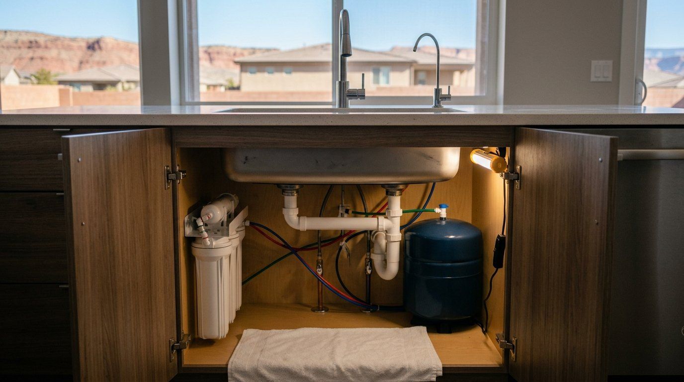 Under-sink reverse osmosis system installed in a kitchen