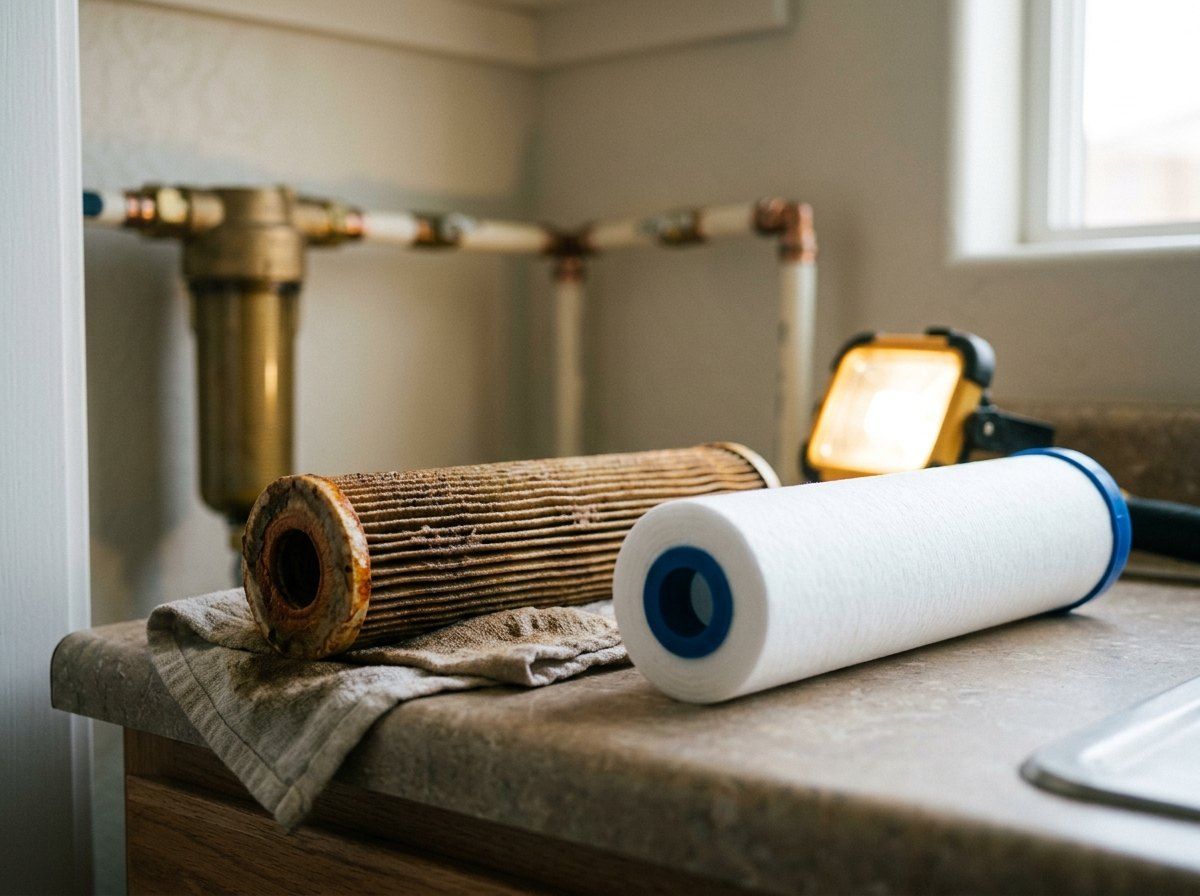 Dirty used sediment filter next to a new filter cartridge