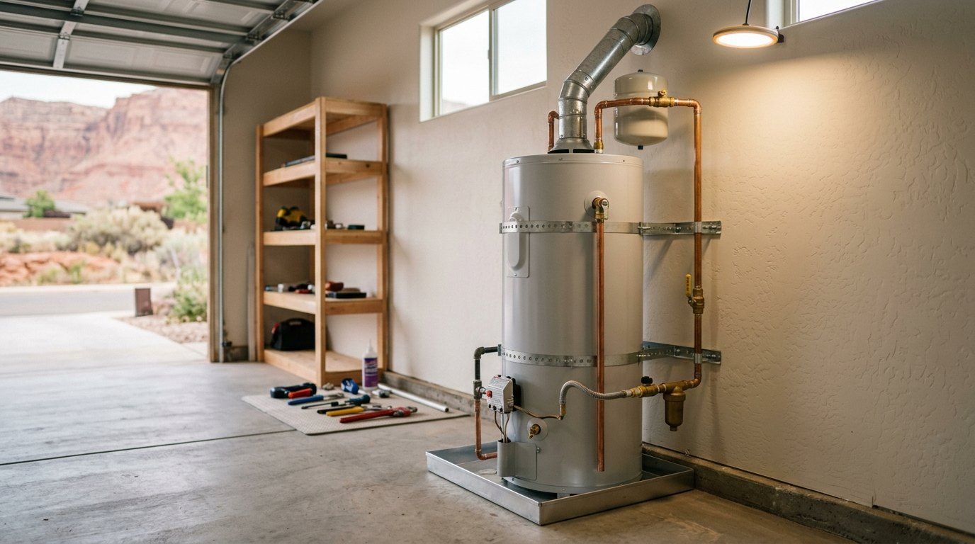 Same-day water heater installation in a St. George garage