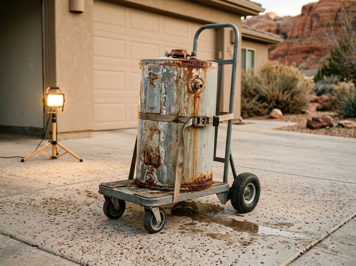 Old rusted water heater on a dolly ready for haul away
