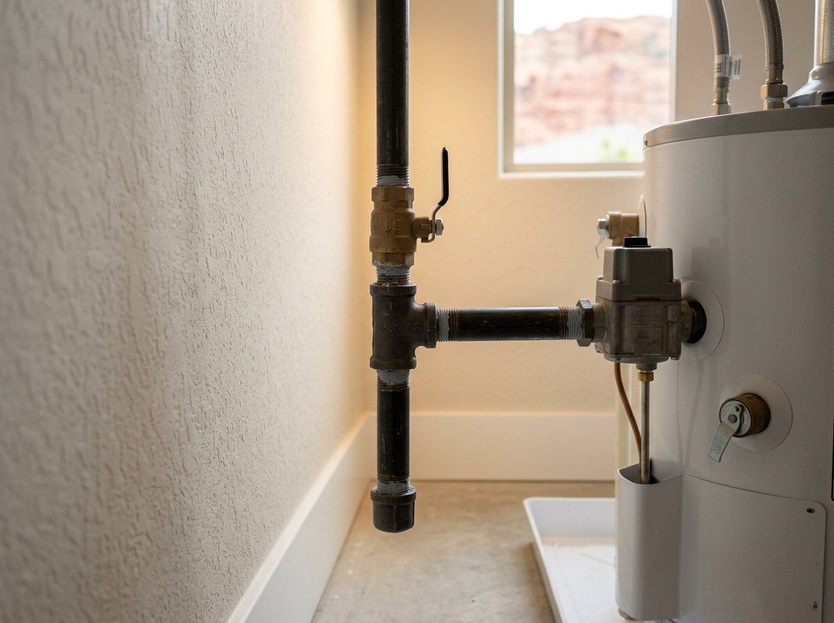 Gas sediment trap and flex connector on a new water heater