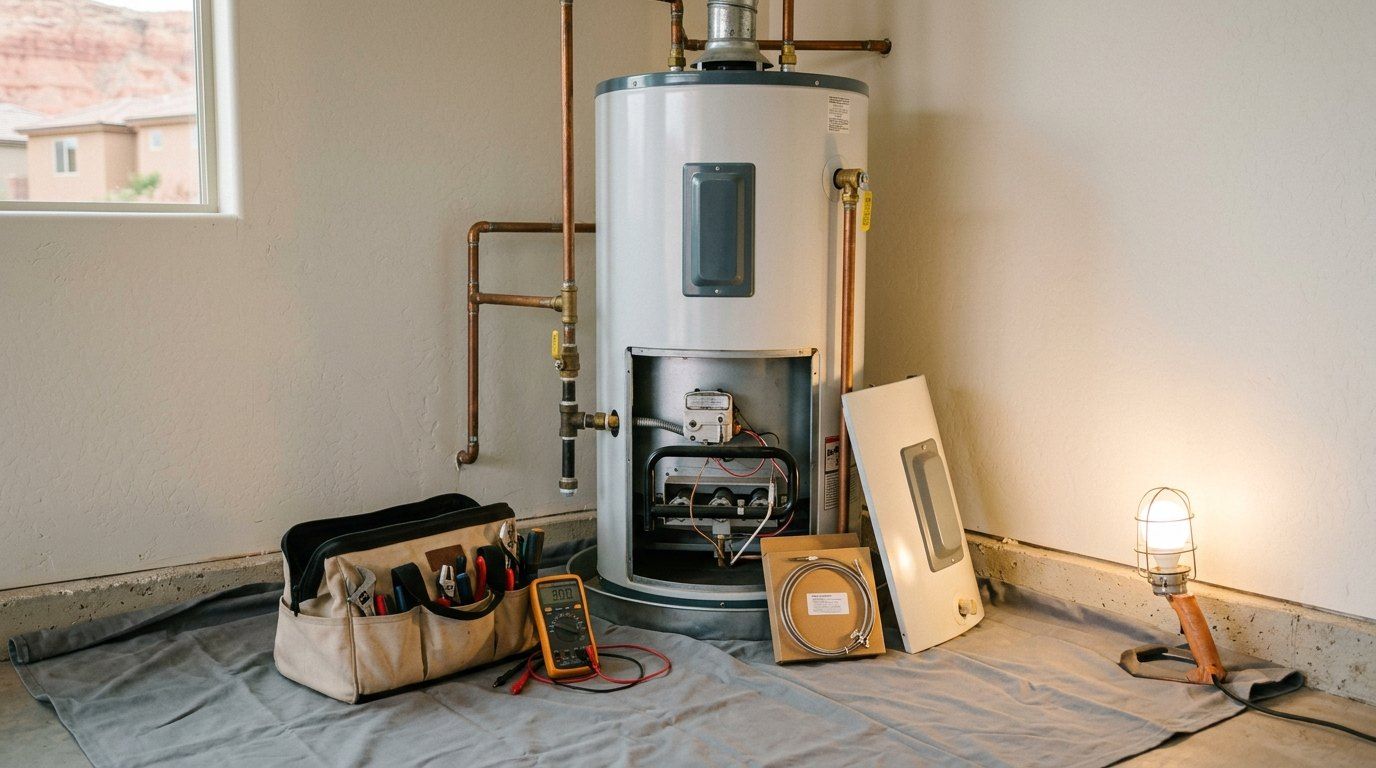 Gas water heater repair with access panel removed in a St. George garage