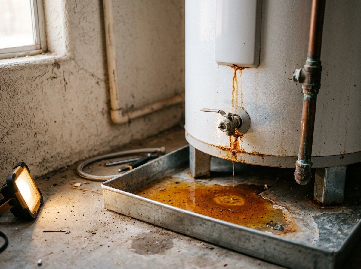 Leaking water heater with water in the drain pan