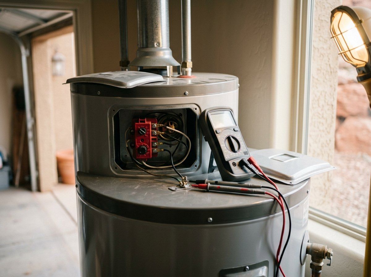 Electric water heater heating element and thermostat being tested