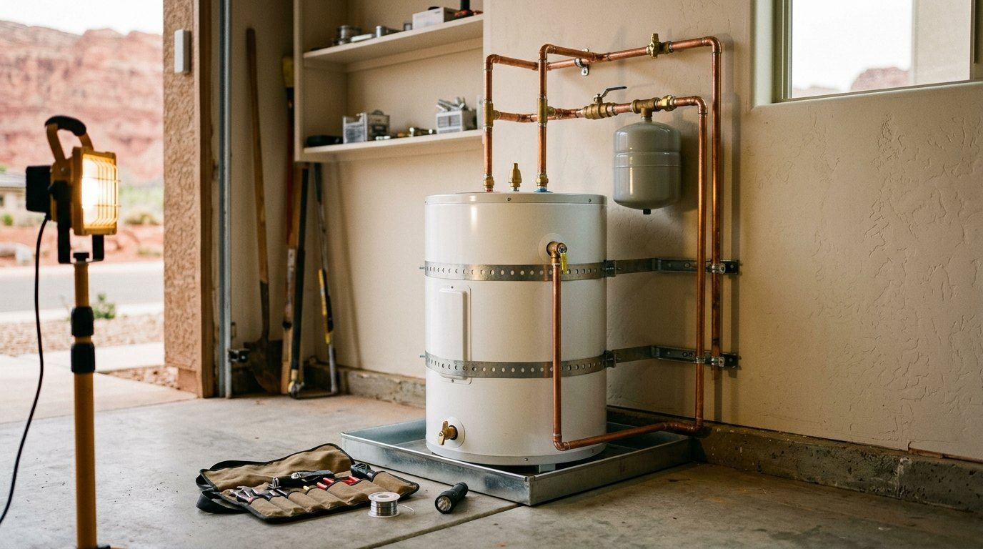 New tank water heater with drain pan and expansion tank in a St. George garage