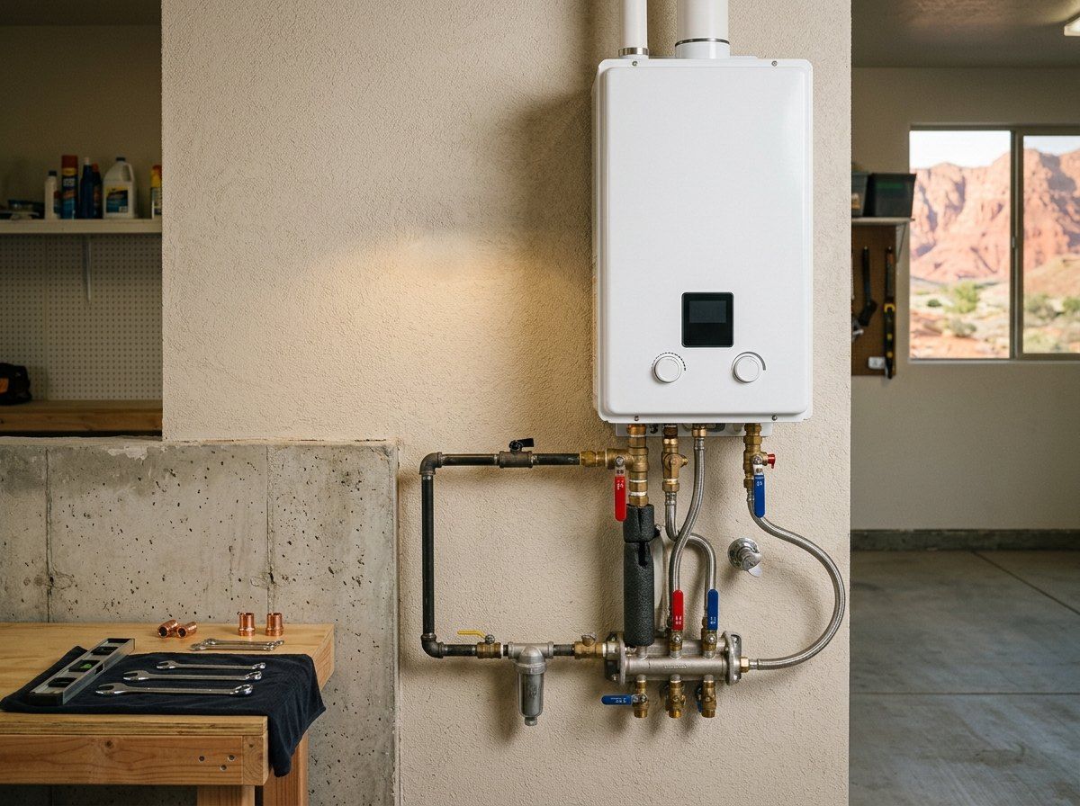 Wall-mounted tankless water heater in a garage