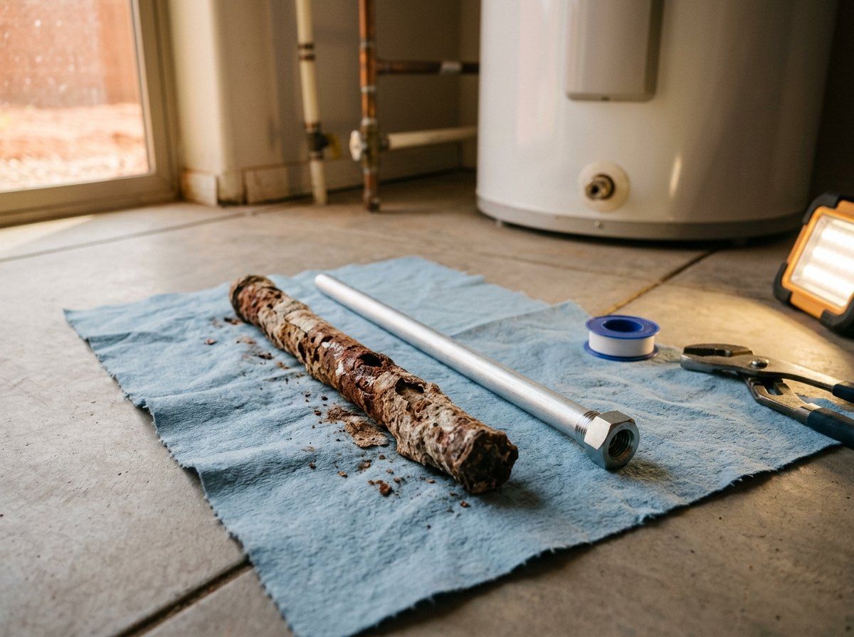 Corroded water heater anode rod next to a new anode rod