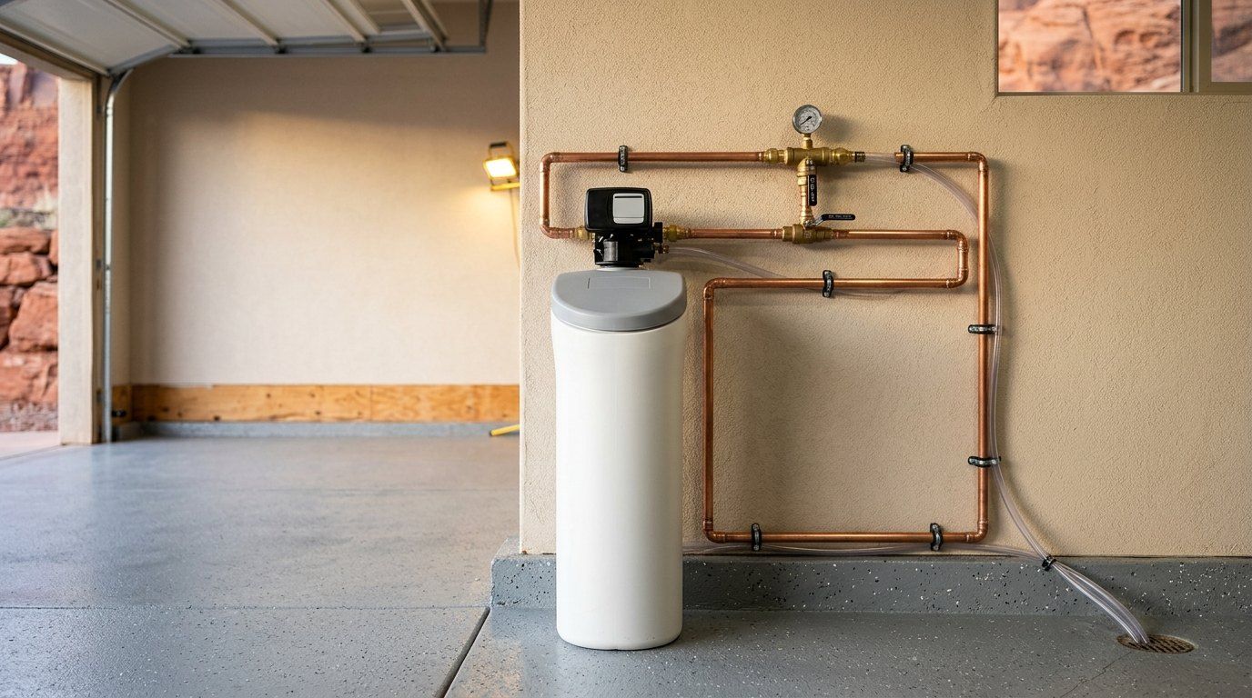 New water softener installation with bypass valve in a garage