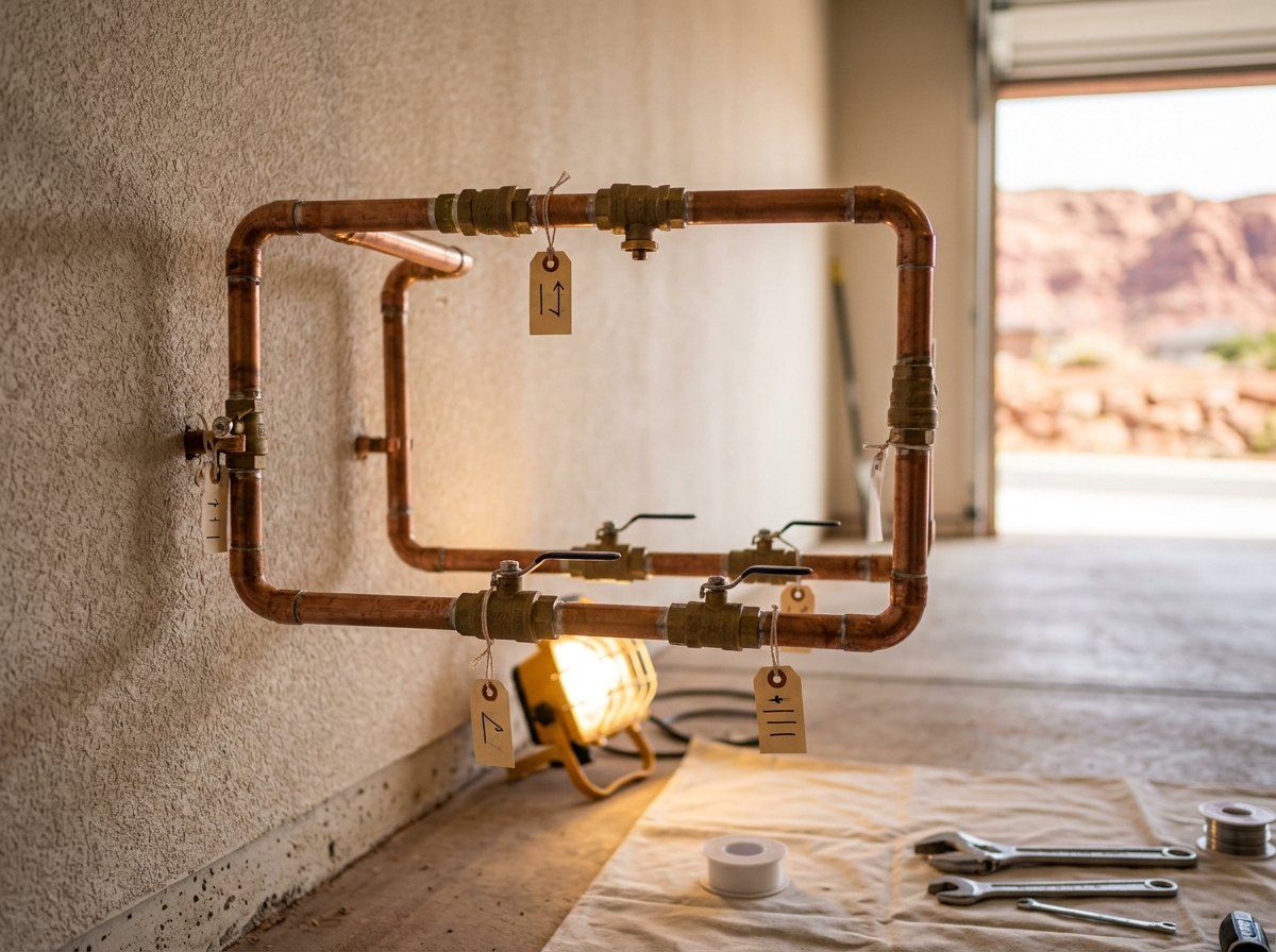 Water softener loop plumbing on a stucco garage wall