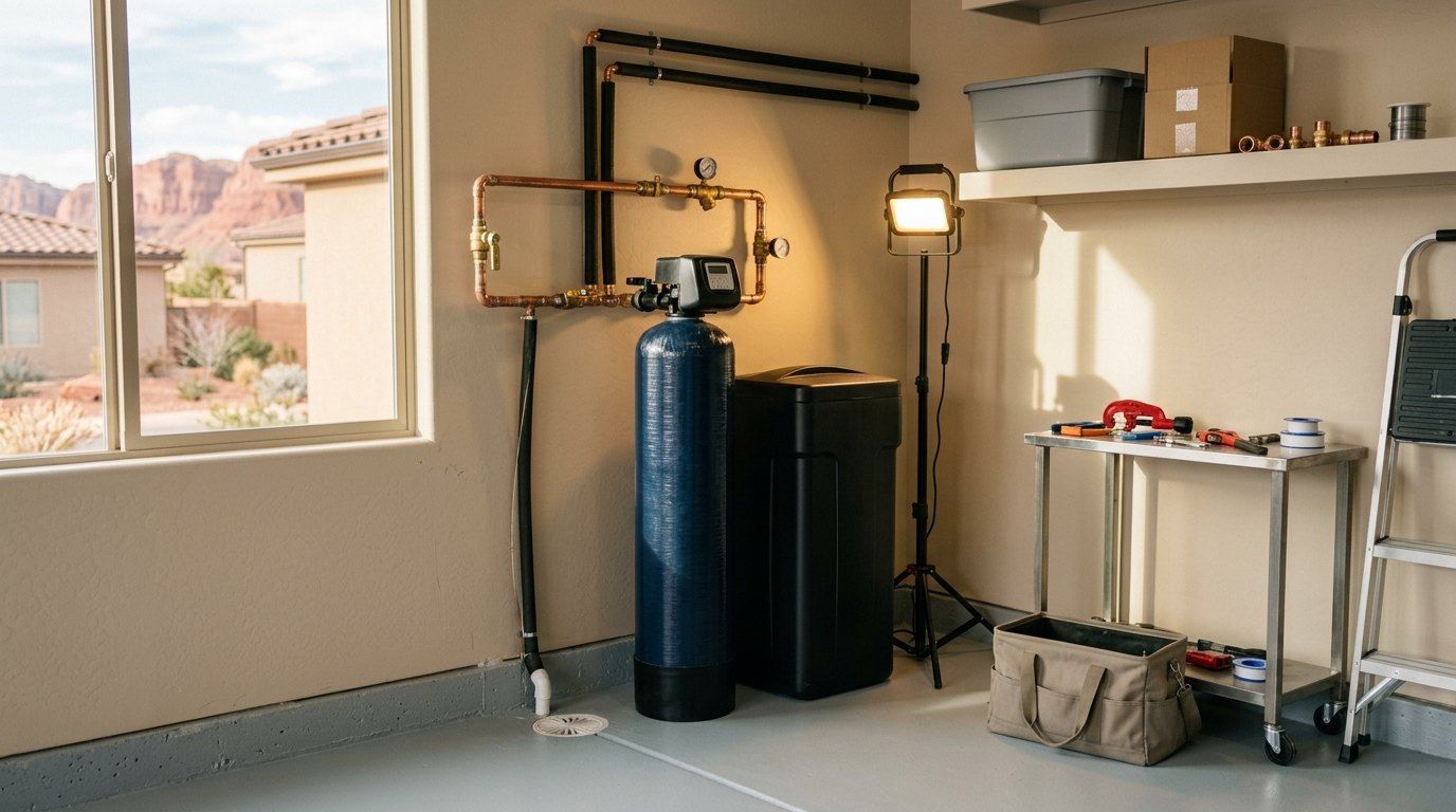 Water softener and brine tank installed in a St. George garage