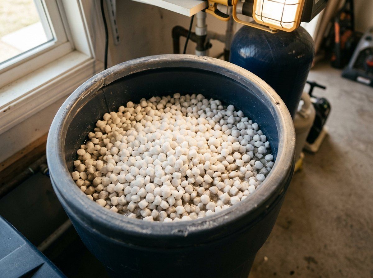 Salt pellets inside a water softener brine tank