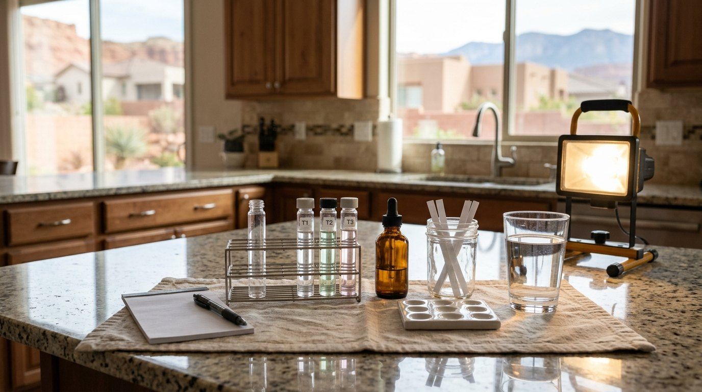 In-home water hardness test kit on a kitchen counter